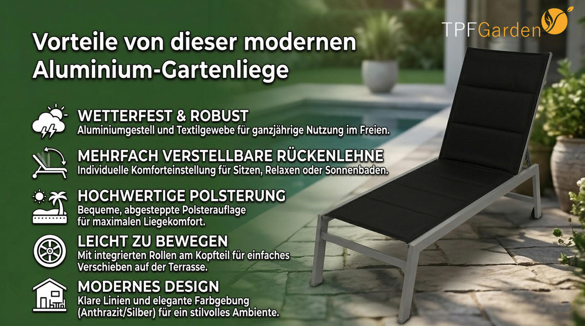 SONNENLIEGE Leeds Pro mit hohem Einstieg - mit Rollen - Alu silber + Textilgewebe schwarz - Grau, Metall (65/42/199cm) - TPFGarden