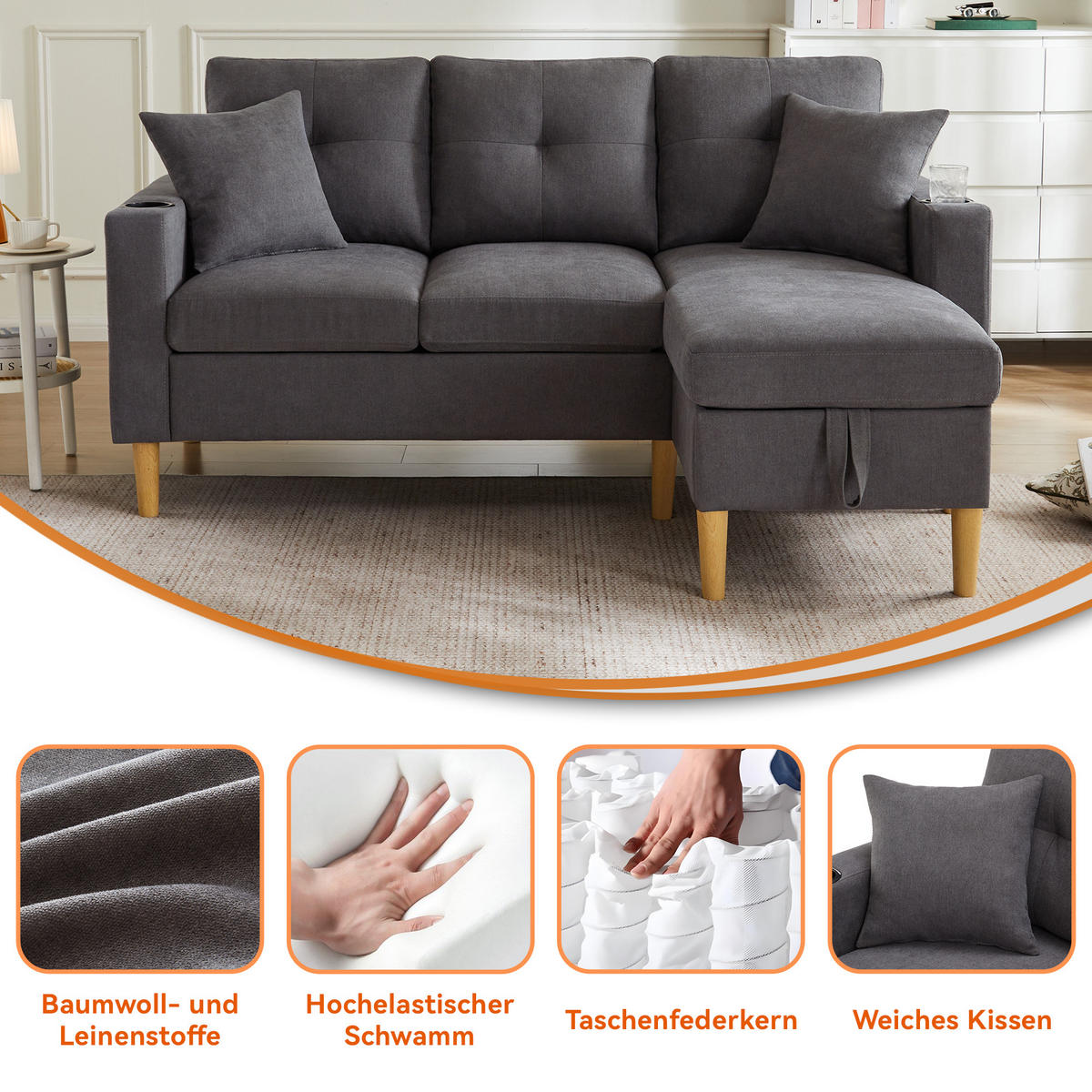 ECKSOFA Baumwoll-Leinen mit Stauraum und Getränkehaltern 175/129/90 cm Dunkelgrau inklusive 2 Kissen - Dunkelgrau, Textil (175/129cm) - Redom