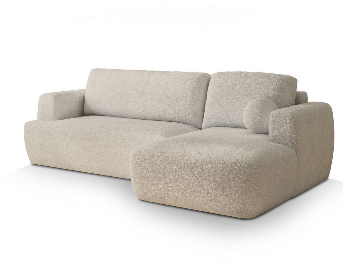 ECKSOFA SENTI N R-S Creme Boucle-Stoff mit Schlaffunktion - Creme, Holz (246/148cm) - MASSENO