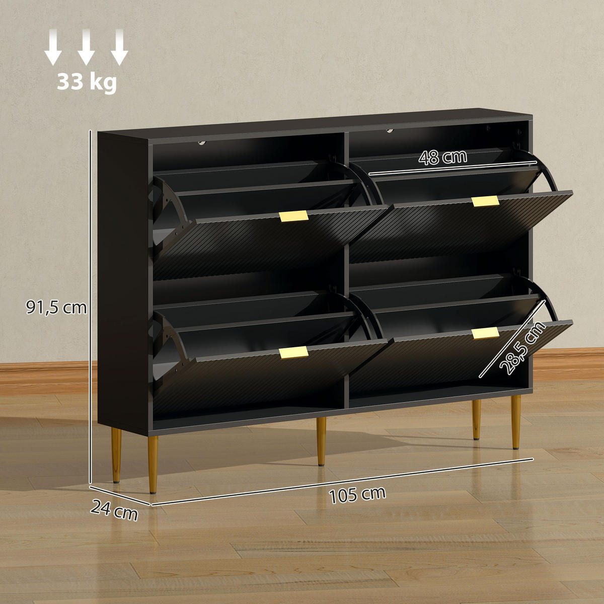 SCHUHKIPPER DE-15073 4 Klapp-Schubladen, geriffelte Türen Schwarz - Schwarz, Holzwerkstoff (105/91.5/24cm) - ComfortXL