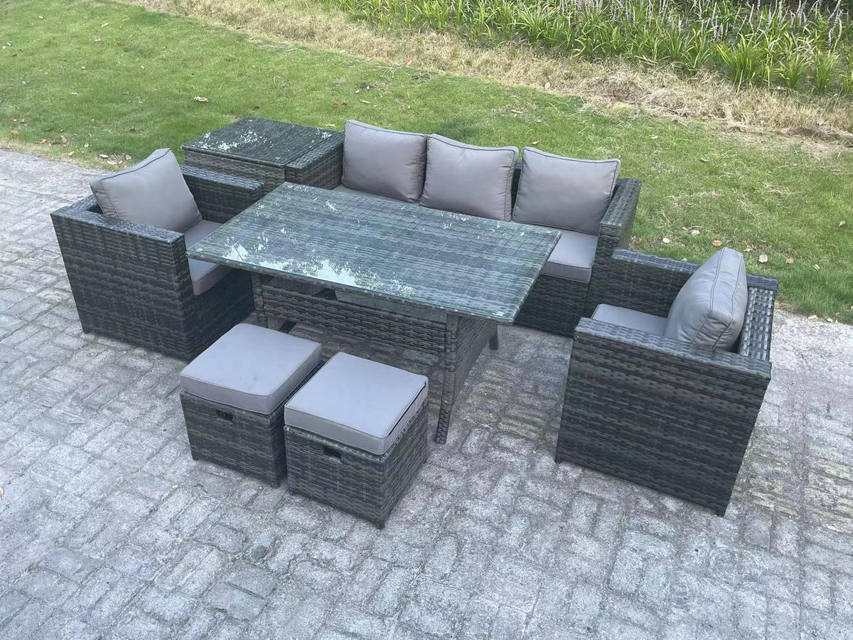 LOUNGEGARNITUR mit Stuhl Polyrattan Dunkelgrau 7-Sitzer - Dunkelgrau/Grau, Glas/Kunststoff - Fimous