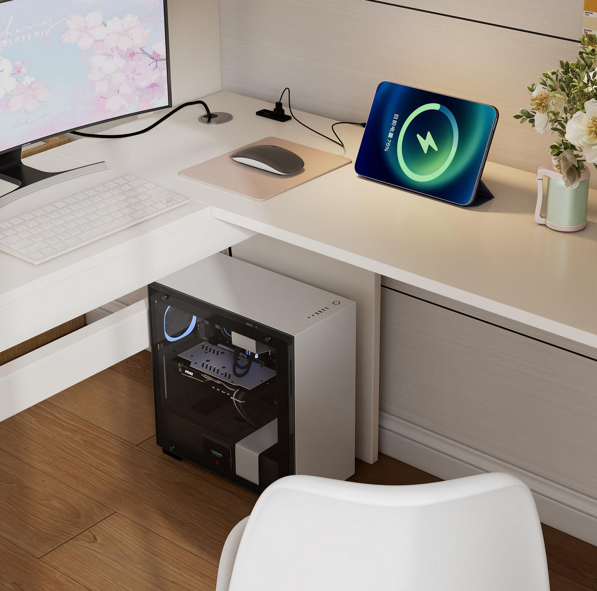 HOCHBETT 90/200 cm Weiß mit L-förmigem Schreibtisch und USB- und Type-C-Anschlüssen - Weiß, Holzwerkstoff (90/200cm) - OKWISH