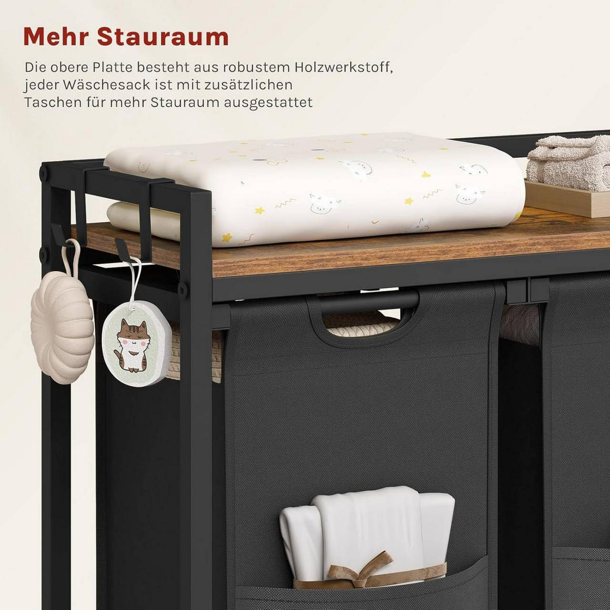WÄSCHEKORB 3 Fächer, jedes 40 L, Schwarz+Vintagebraun - Dunkelbraun/Schwarz, Holzwerkstoff/Textil (96/71/30cm) - Woltu