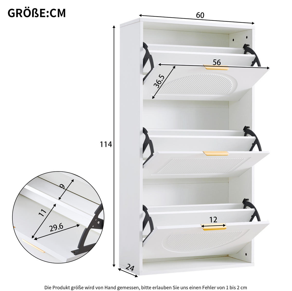 SCHUHSCHRANK 24/60/114 cm mit 3 Klappen, verstellbaren Einlegeböden und Kippsicherung, MDF/Holzwerkstoff, Weiß - Weiß, Holzwerkstoff (60/114/24cm) - Redom
