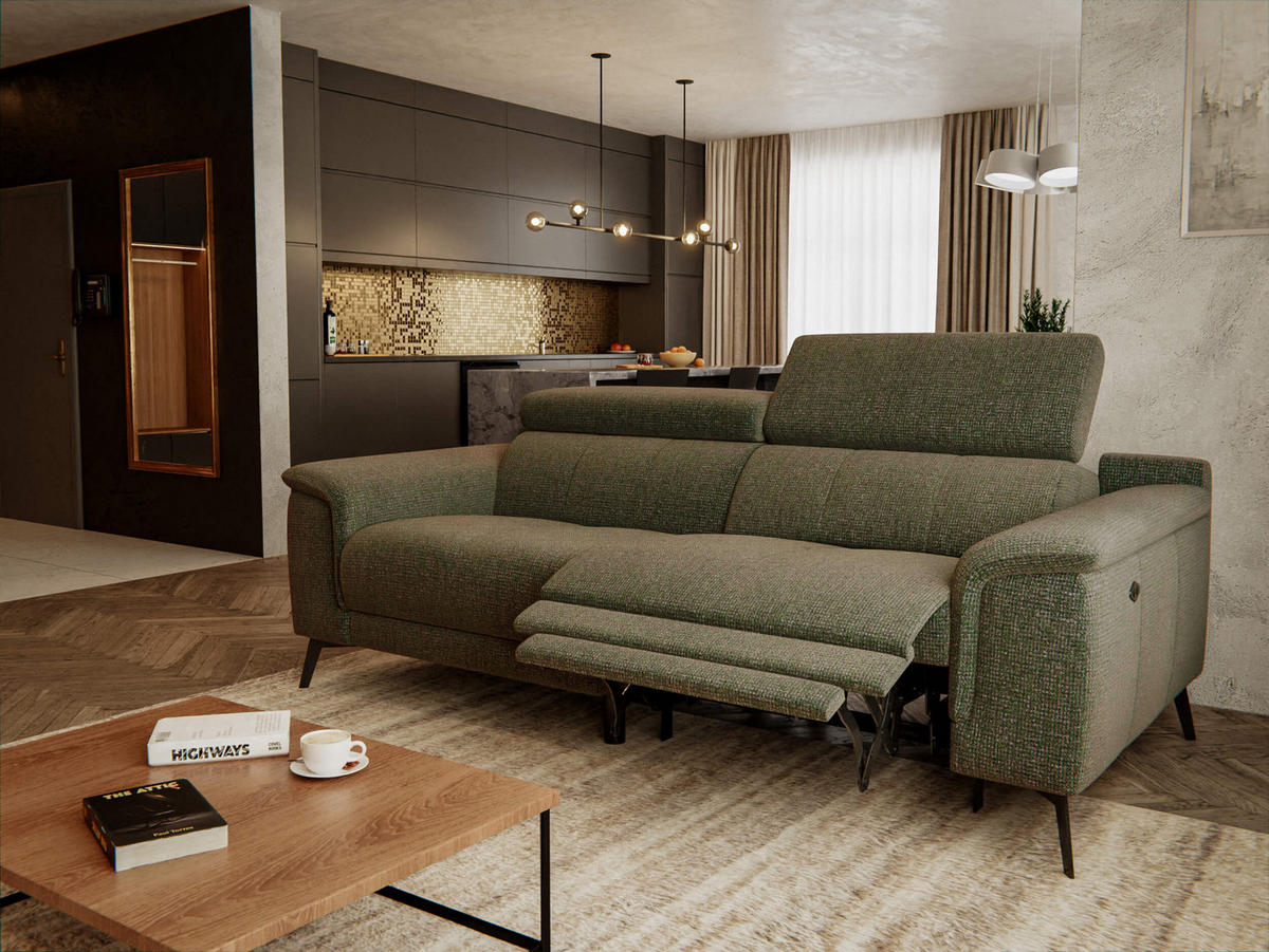 RELAXSOFA FIERO 3-Sitzer mit 1 Relaxfunktion, olivgrün - Schwarz/Olivgrün, Holzwerkstoff/Textil (212/82/103cm) - Courtois Laville