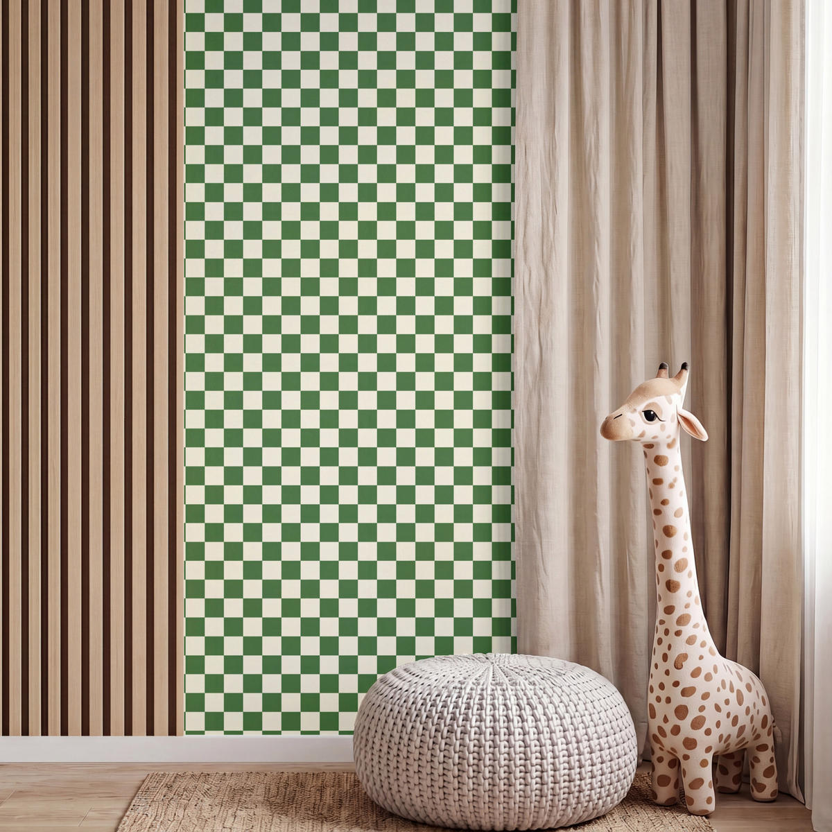 KINDERTAPETE - Schachbrett - Muster - Grün - 100x200 cm - Grün, Papier (100/200cm) - OnlyWow