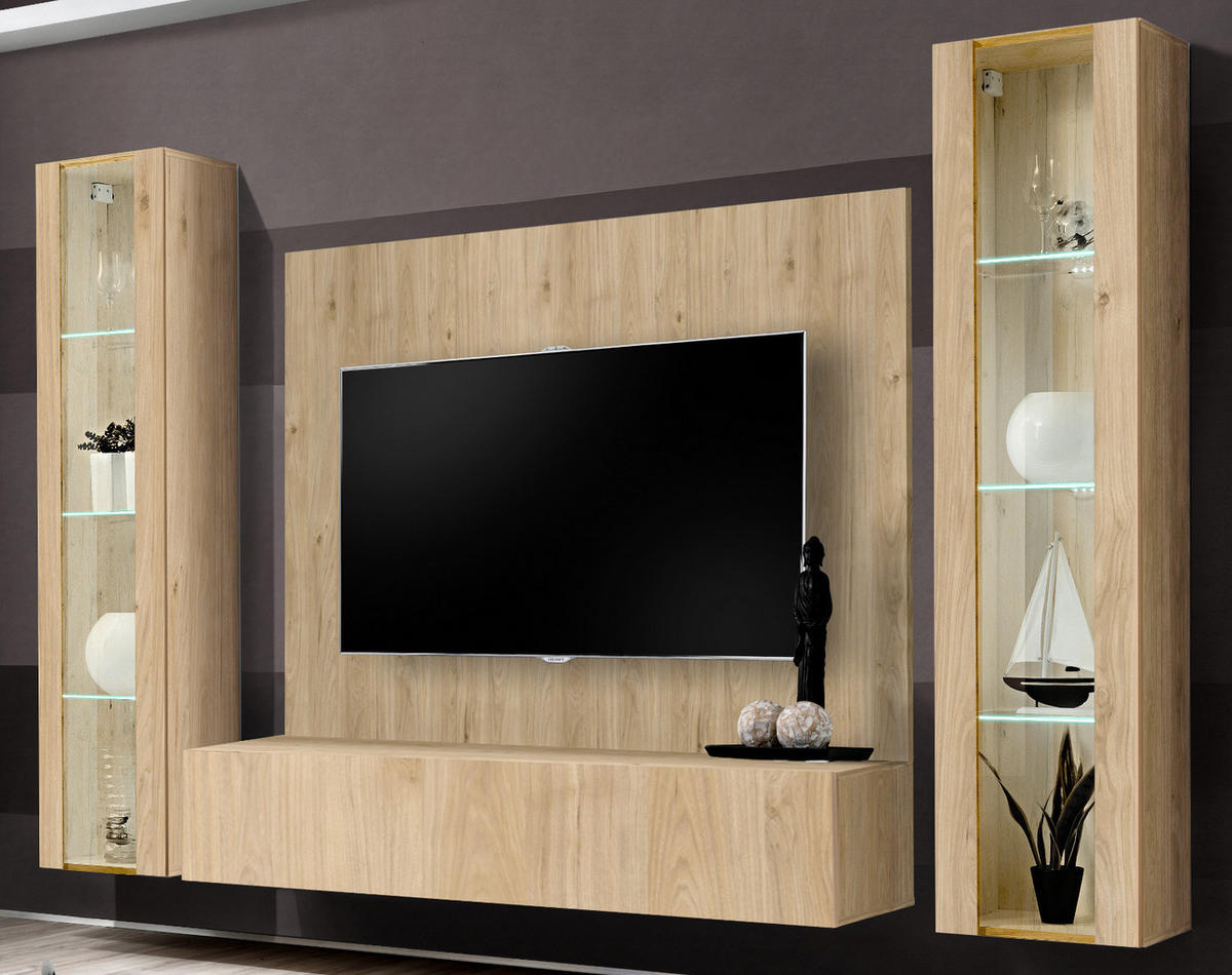 WOHNWAND Eiche Jackson 4-teilig 260 cm hängend, Schrankwand mit LED-Beleuchtung - Eichefarben, Glas/Holzwerkstoff (260/170/40cm) - Inn.Furn