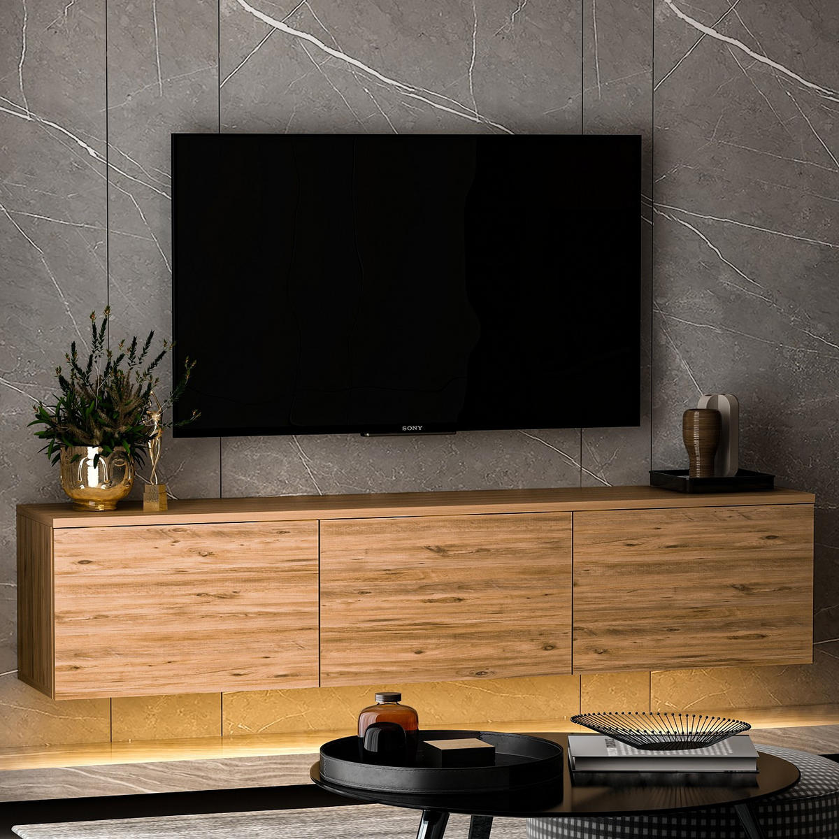 TV-MÖBEL Neon Illuminated Hängend Braun - Braun, Holz (160/35/32cm) - Habitat Garten