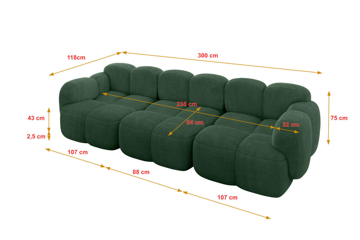 3-SITZER modulares Sofa Miko-S2 300x118x75 cm Grün Cord - Waldgrün/Schwarz, Holzwerkstoff/Kunststoff (300/75/118cm) - ALTDECOR