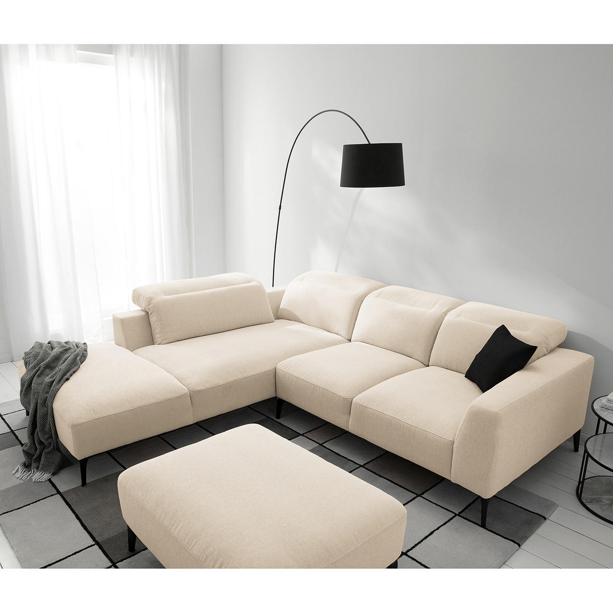 ECKSOFA mit Ottomane - Beige/Schwarz, Textil/Metall (263/238cm) - home24