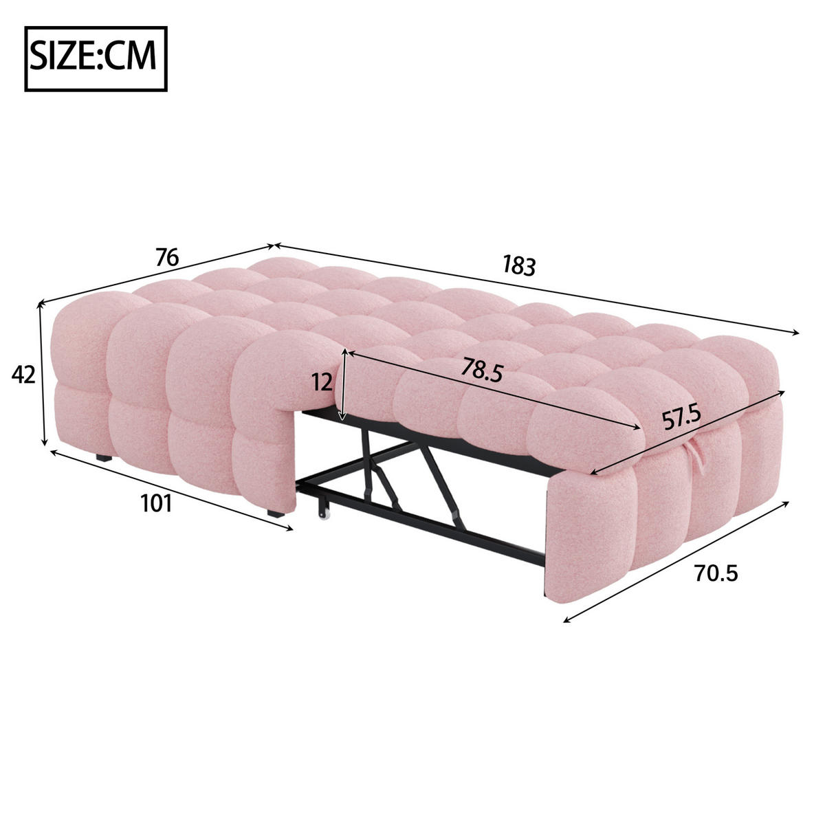 BETT aus Teddy-Stoff 90x180 cm Rosa 2-in-1 ausziehbar als Fußhocker und Gästebett - Rosa, Textil (70/180cm) - Modfu
