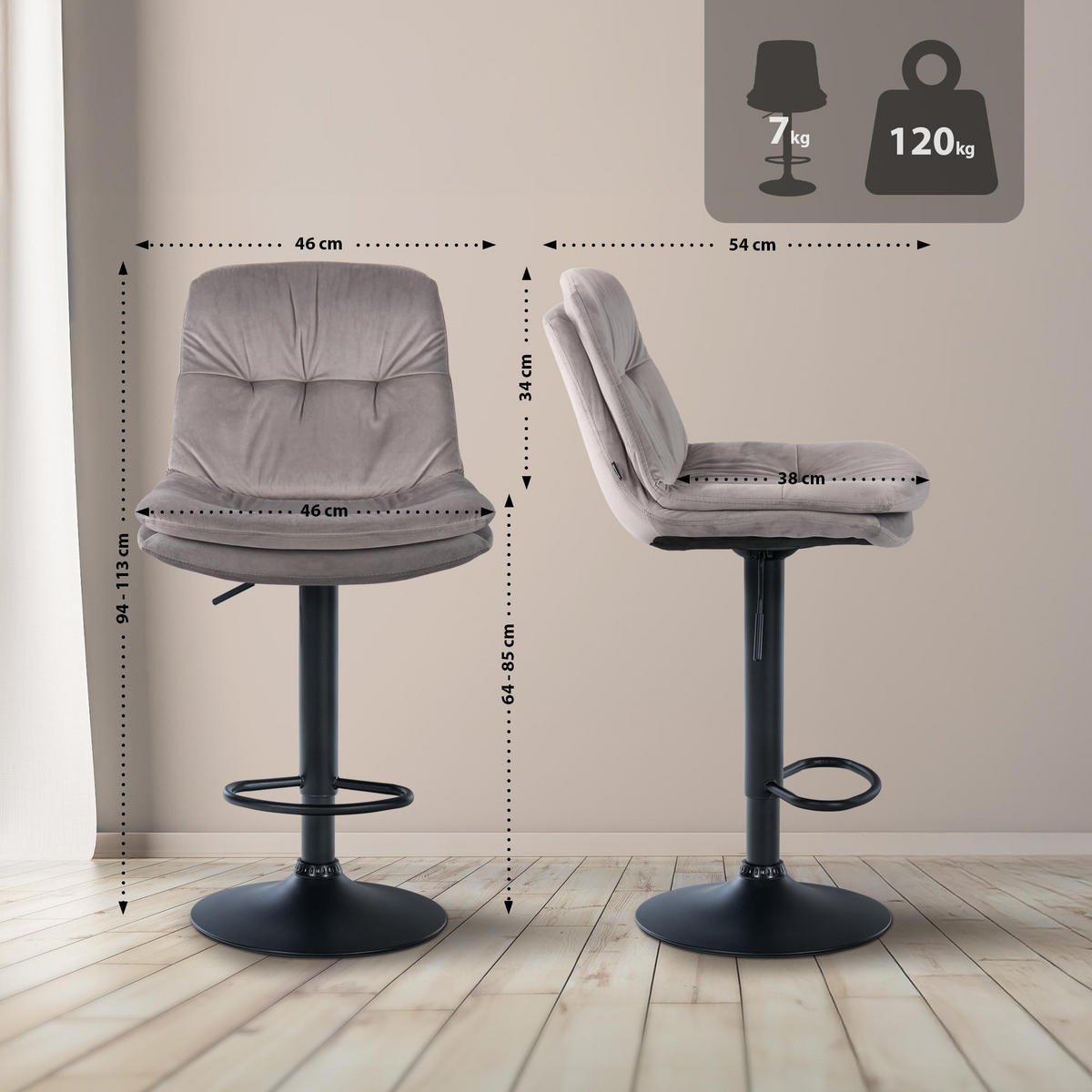 BARHOCKER Samt grau - Schwarz/Grau, Textil (46/94/54cm) - CLP