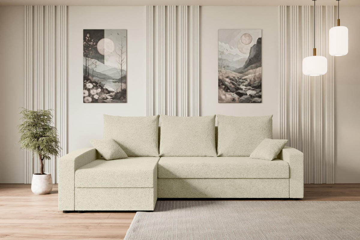 ECKSOFA mit Schlaffunktion und Bettkasten ALESIA-L 231x140x90 cm Beige Bouclé - Beige/Silberfarben, Holzwerkstoff/Kunststoff (231/140cm) - ALTDECOR