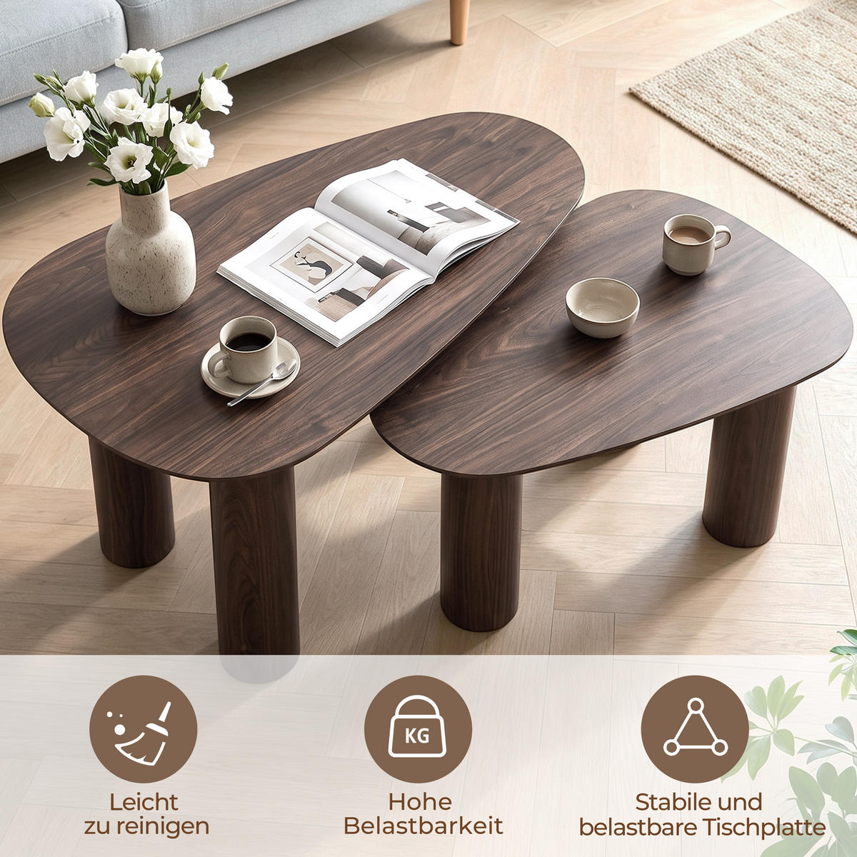 COUCHTISCH 2er Set Holz in Walnussoptik,86cm &69cm - Walnussfarben, Holzwerkstoff (53/85/45cm) - Hometopia