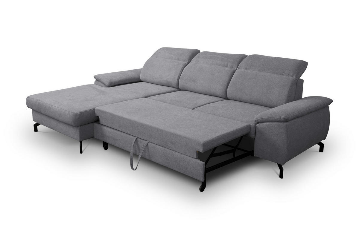 ECKSOFA MALIBU mit Schlaffunktion und Bettkasten, Farbe: Dunkelgrau, Velourstoff, Ottomane Links - Dunkelgrau, Textil (276/184cm) - VENASI MÖBEL