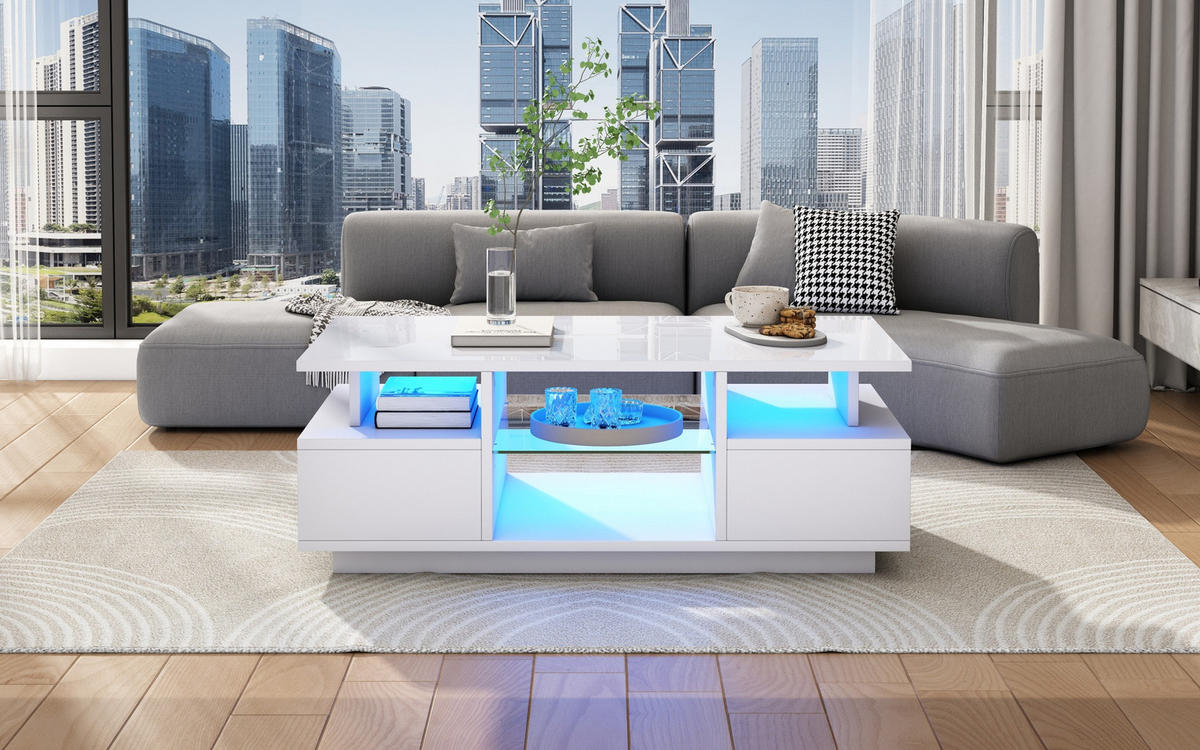 COUCHTISCH aus Spanplatte 100x50x36 cm Weiß mit LED-Beleuchtung, 2 Schubladen und Glasablagen - Weiß, Holzwerkstoff (100/50/36cm) - IVMEU