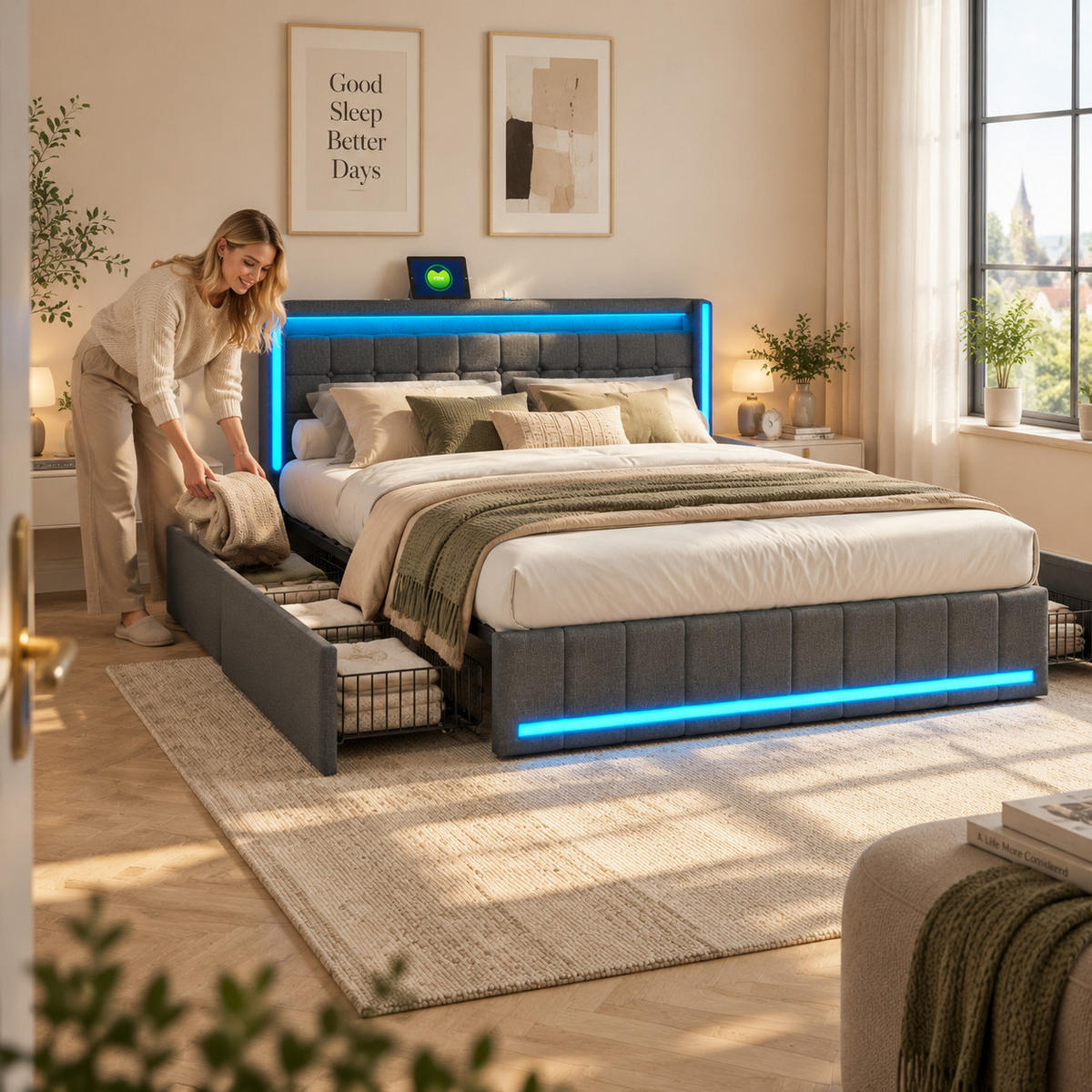 POLSTERBETT 140/200 mit RGB LED, 4 Stauraumschubladen, USB & Type C, App- und Fernbedienung, Bettgestell mit Lattenrost - Dunkelgrau, Holz/Metall (140/200cm) - Joyfair