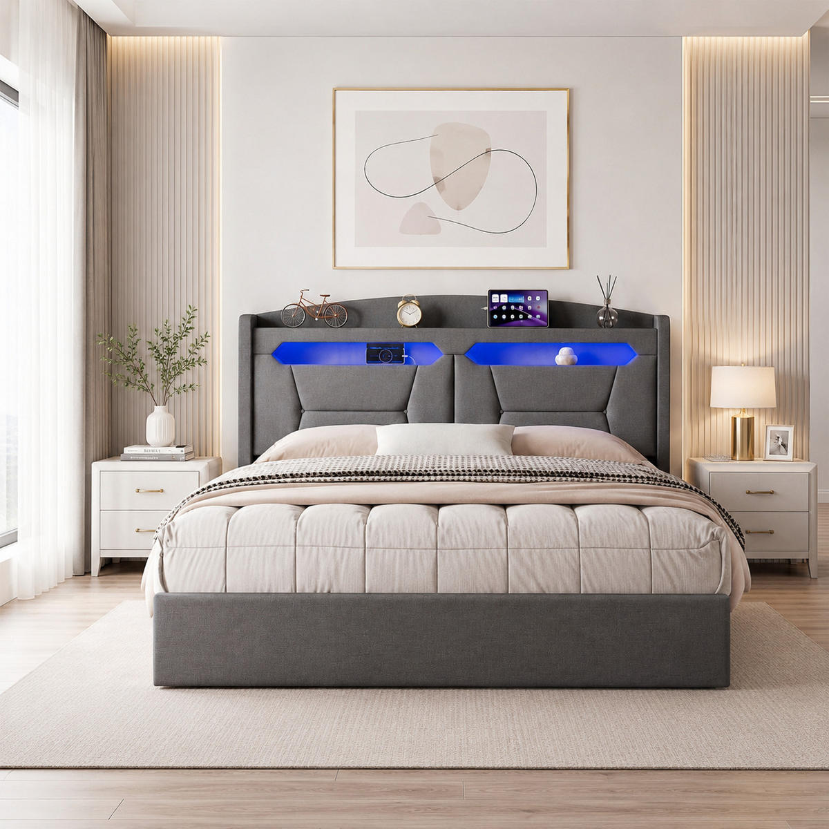 POLSTERBETT 140/200 cm mit Stauraum & LED‑Beleuchtung, gepolstertes Kopfteil mit USB‑Ladestation, graues Stoffbett mit Bettkasten für Schlafzimmer - Anthrazit, Holz/Metall (140/200cm) - Joyfair