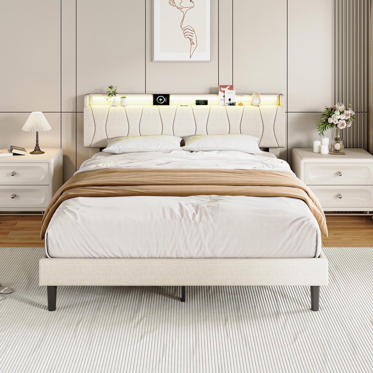 POLSTERBETT 160x200 cm mit LED & USB, Lattenrost, Beige - Beige, Metall (160/200cm)