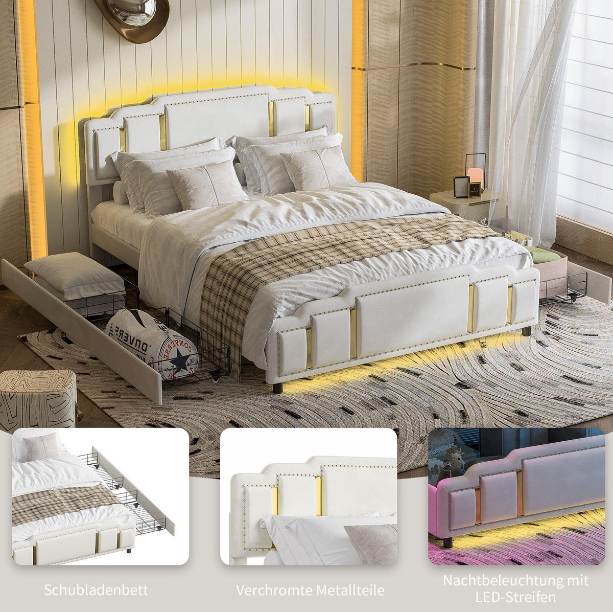 POLSTERBETT 140/200 cm Beige aus Samt mit LED - Beige, Textil (140/200cm) - OKMYHOME