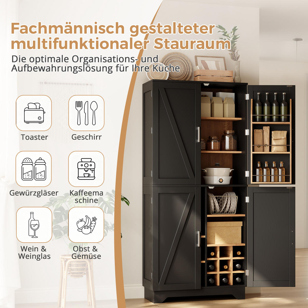 HIGHBOARD DE-38731 80/40/180 cm 4 Scheunentor-Türen und Weinregal Schwarz - Schwarz, Holzwerkstoff (80/180/40cm) - ComfortXL
