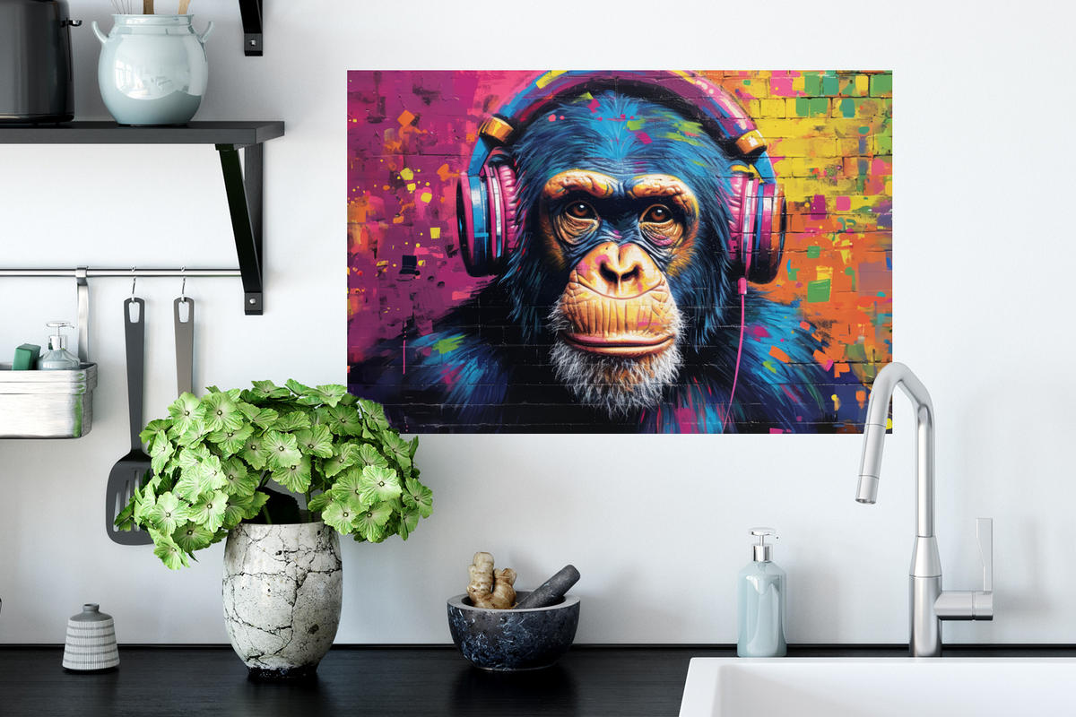 WANDTATTOO Graffiti - Schimpanse - Straßenkunst - Kopfhörer - Affe 60x40 cm - Blau, Kunststoff (60/40/0.1cm) - MuchoWow