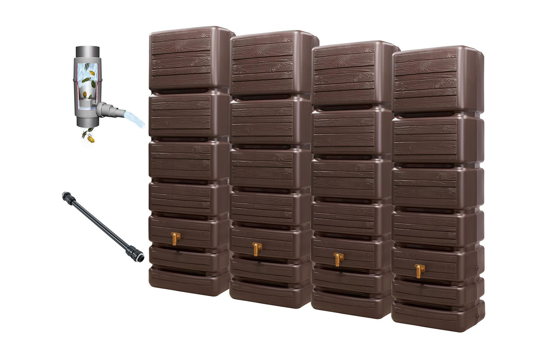 WANDTANK Komplett-Set 1400 L dark 4 x 350 L inkl. Verbindungsset, Kunststoff-Auslaufhahn und Fallrohranschluss - Braun, Kunststoff (270/184/39cm) - 4rain