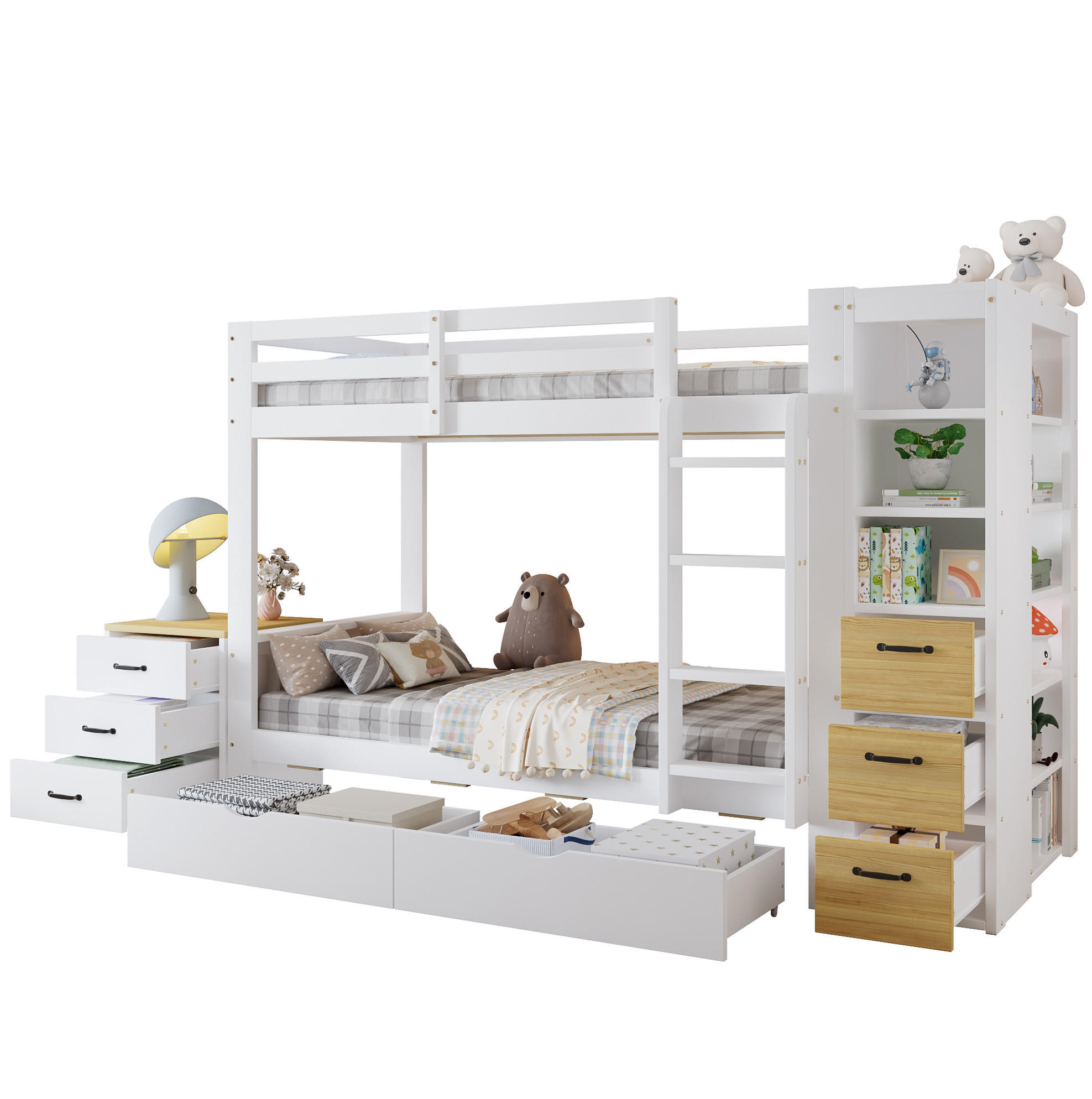 ETAGENBETT aus Holz 90x200 cm Weiß/Natur mit 2 Bettkästen, Stauraumregal, Leiter und Nachtkommode - Weiß, Holz (90/200cm) - Modfu