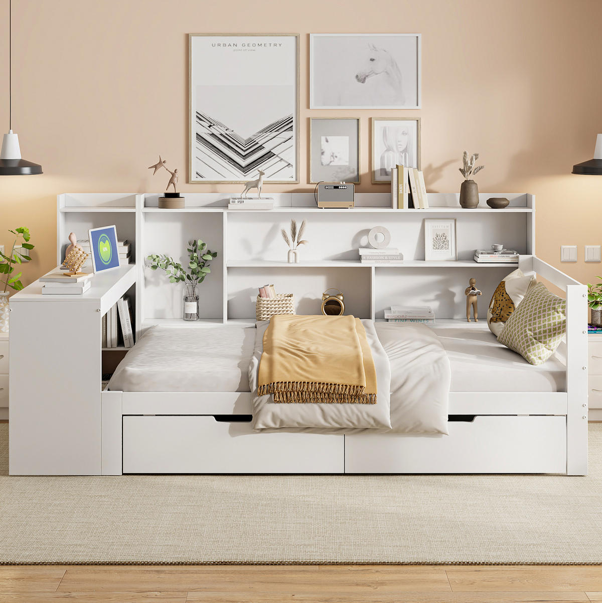 BETT aus Holz 90x200 cm Weiß mit Schreibtisch, Regalen, 2 Schubladen und Steckdose - Weiß, Holzwerkstoff (90/200cm) - Modfu