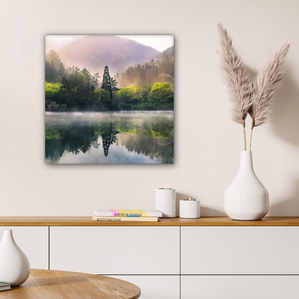 LEINWANDBILD Natur - Bäume - Berge - See - Wasser 50x50 cm - Hellgrün, Textil (50/50cm) - MuchoWow