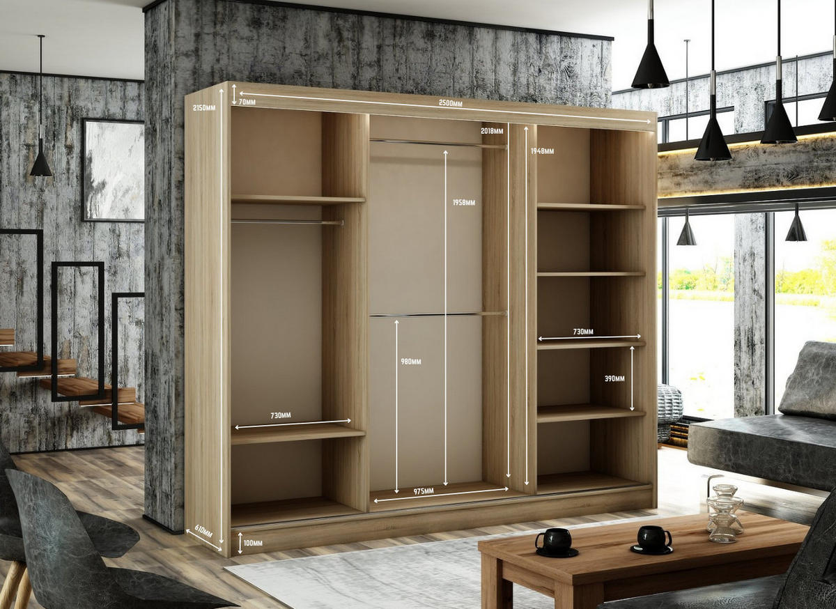 KLEIDERSCHRANK VILAN mit Lamel - 250 cm - Sonoma Eiche|Eiche Wotan - Eiche Wotan/Sonoma Eiche, Holzwerkstoff (250/215/61cm) - ALTDECOR