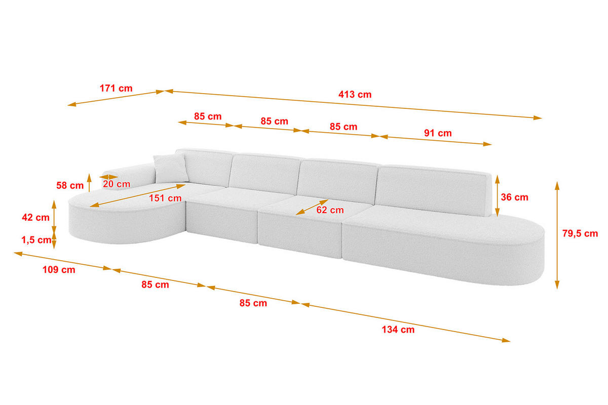 ECKSOFA Ottomane Links MARI-L3 - 413x171x79 cm Weiß Bouclé - Schwarz/Weiß, Holzwerkstoff/Kunststoff (165/406cm) - ALTDECOR