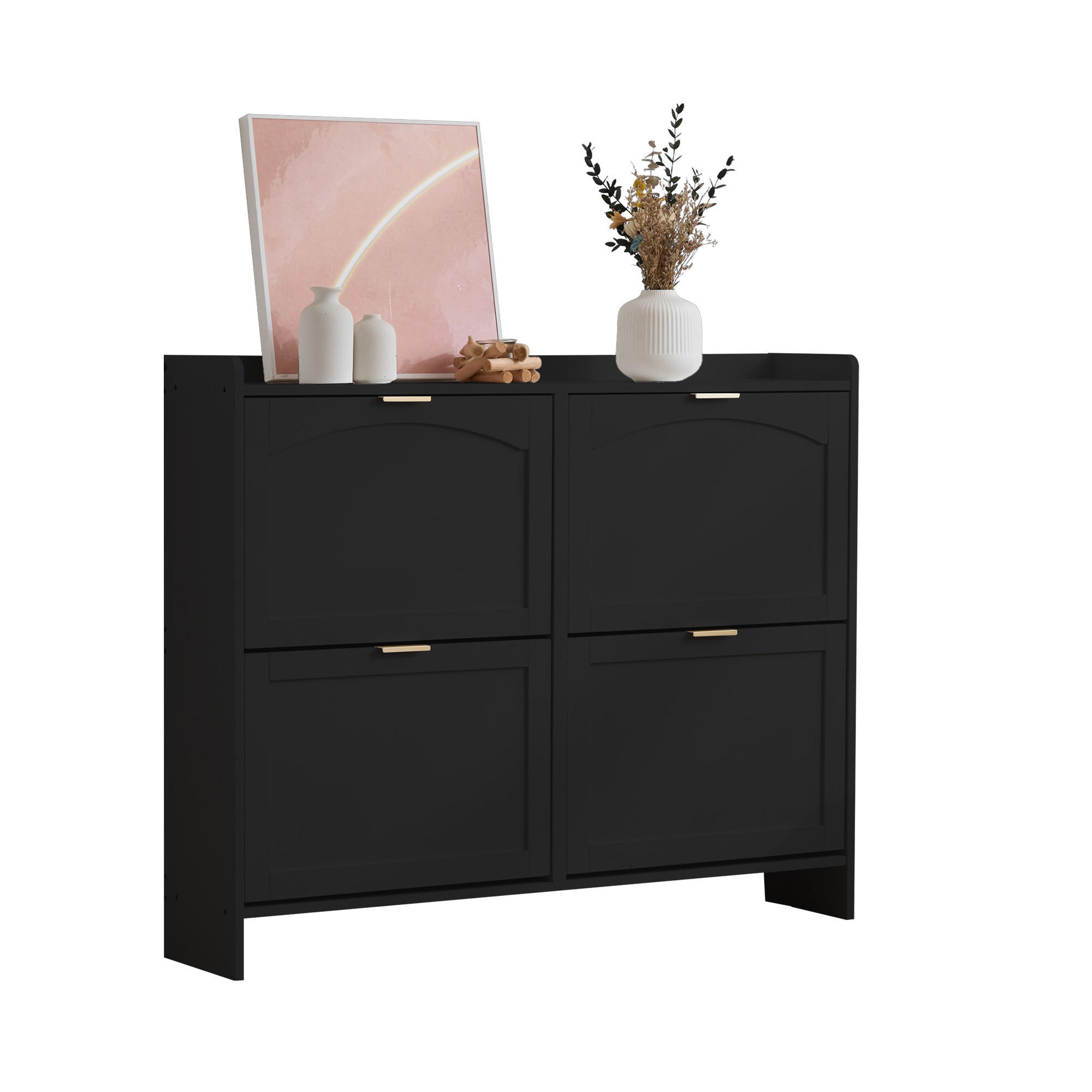 SCHUHSCHRANK aus Spanplatte 110x24x90cm in Schwarz mit 4 Klappfächern - Schwarz, Holzwerkstoff (110/90/24cm) - Modfu