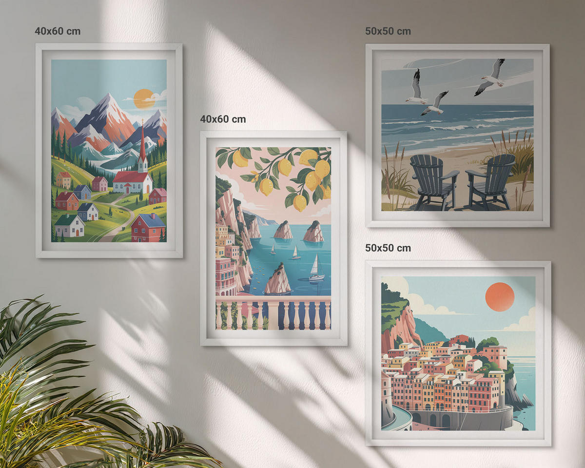 BILDER SET 4er Set - 50x50 cm & 40x60 cm Weißer Rahmen - Farbenfrohe Berge und Küstenstädte - Weiß, Kunststoff (50/50cm) - TULUP
