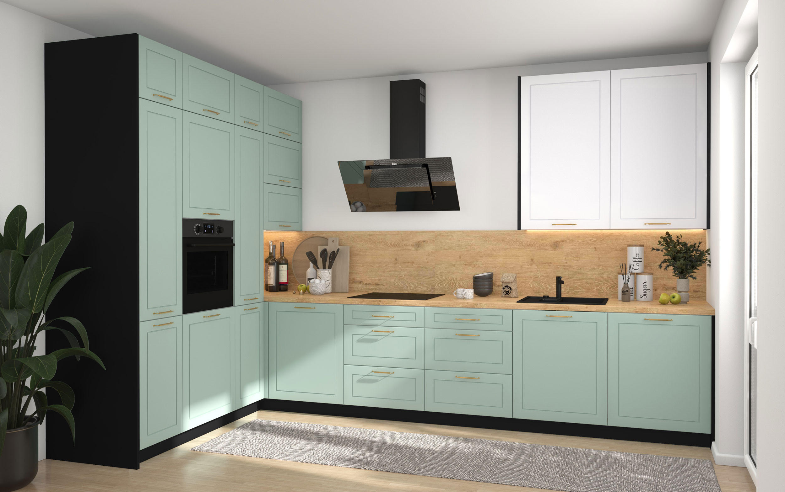 L-FORM KÜCHENZEILE Bari (16-tlg) Schwarz / Blassgrün - Signalweiß - Grün, Holzwerkstoff/Metall (347/243/202cm) - Feldmann-Wohnen