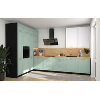 L-FORM KÜCHENZEILE Bari (16-tlg) Schwarz / Blassgrün - Signalweiß - Grün, Holzwerkstoff/Metall (347/243/202cm) - Feldmann-Wohnen