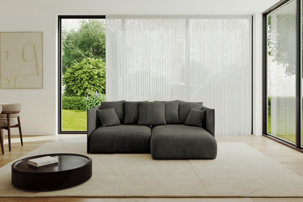 ECKSOFA mit Schlaffunktion und Bettkasten ONESK-L 208x165x40 Schwarz Velours - Schwarz, Holzwerkstoff/Kunststoff (208/165cm) - ALTDECOR