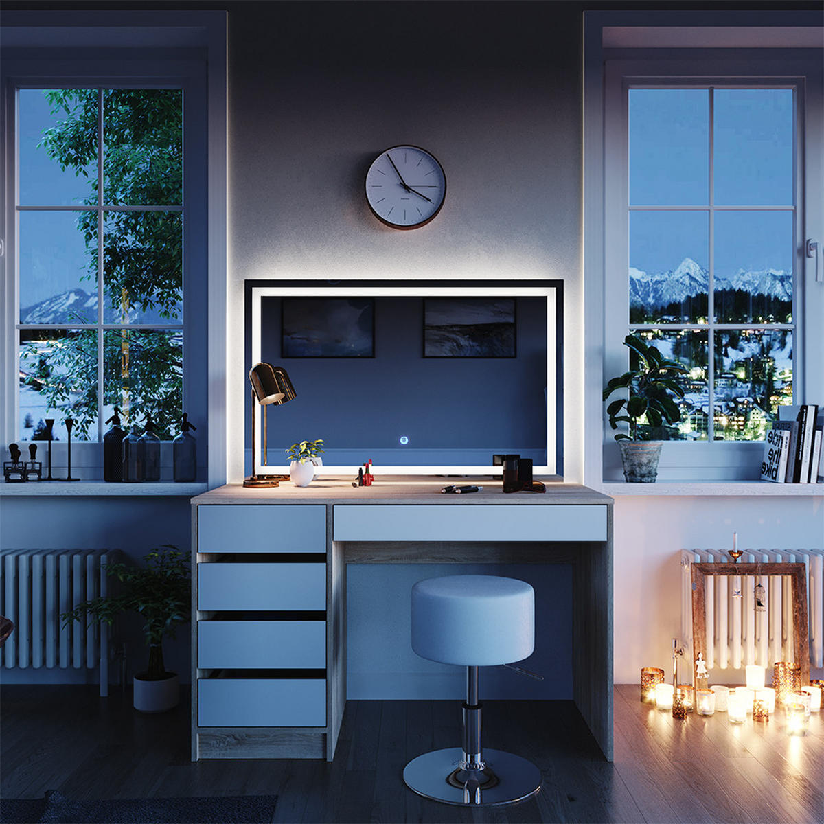 SCHMINKTISCH Sherry Weiß/Sonoma 120 cm mit LED-Spiegel und Hocker - Weiß/Sonoma Eiche, Holzwerkstoff (120/75/55cm) - Vicco