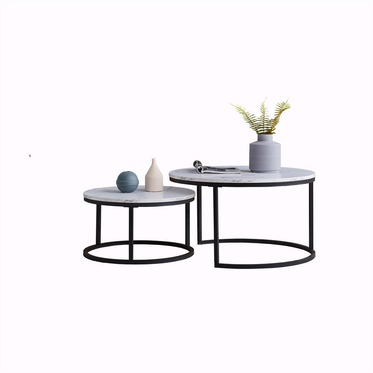 COUCHTISCH 2er-Set - Runder Beistelltisch in Marmoroptik Weiß mit Metallgestell - Schwarz - Schwarz, Holzwerkstoff (80/80/45cm) - DELFA