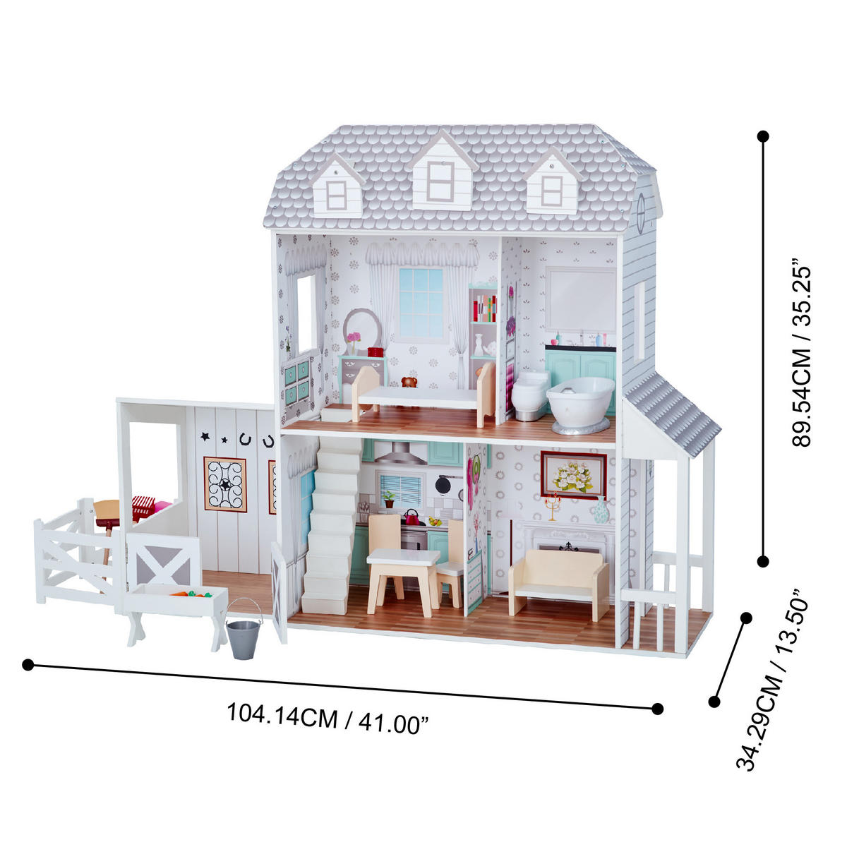 PUPPENHAUS, Grau, 90cm - Weiß, Holzwerkstoff (34/90/104cm) - Teamson Kids