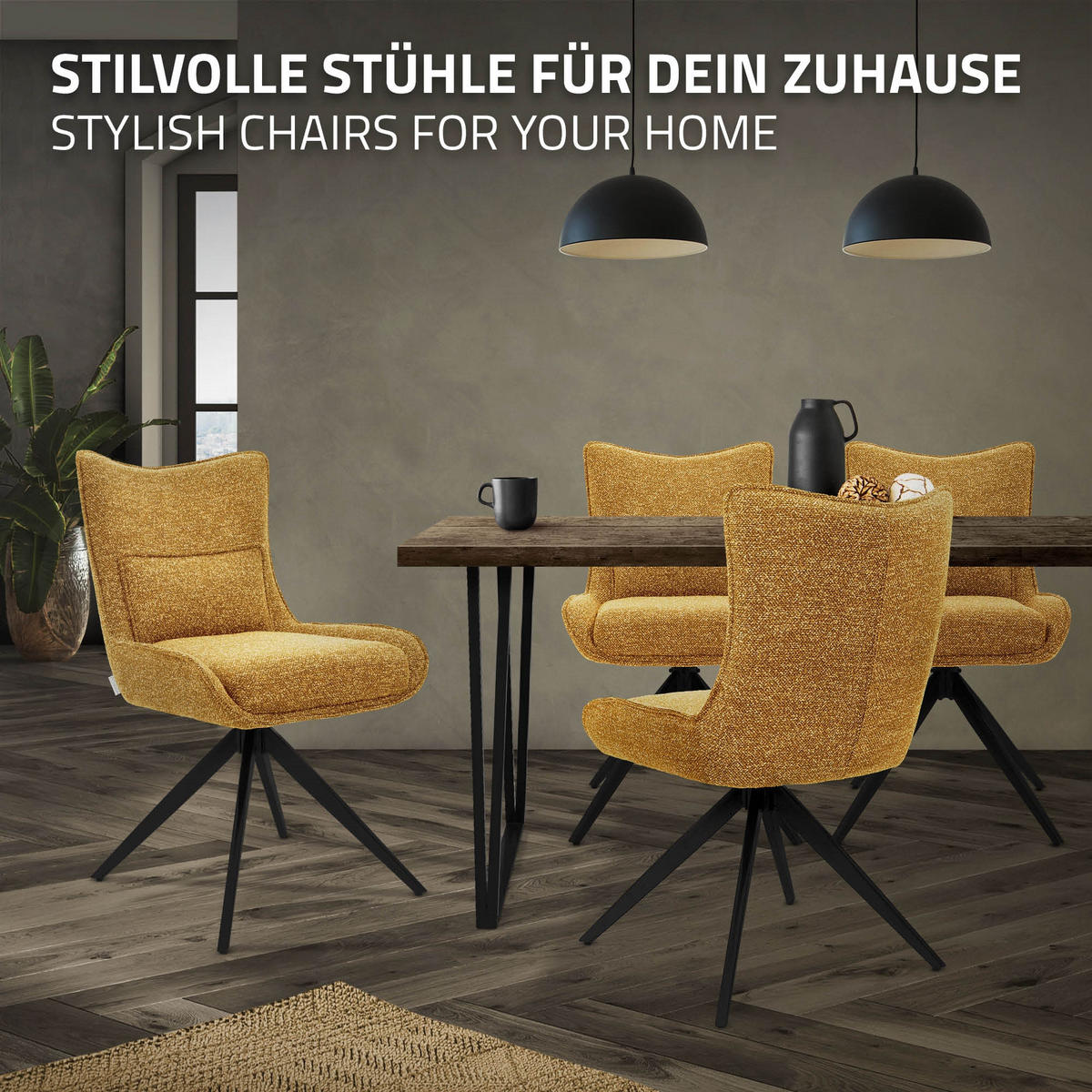ESSZIMMERSTUHL drehbar Küchenstuhl gepolstert mit Webstoff-Bezug Senf - Dunkelgelb/Schwarz, Textil/Metall (54/90/64cm) - ML-DESIGN