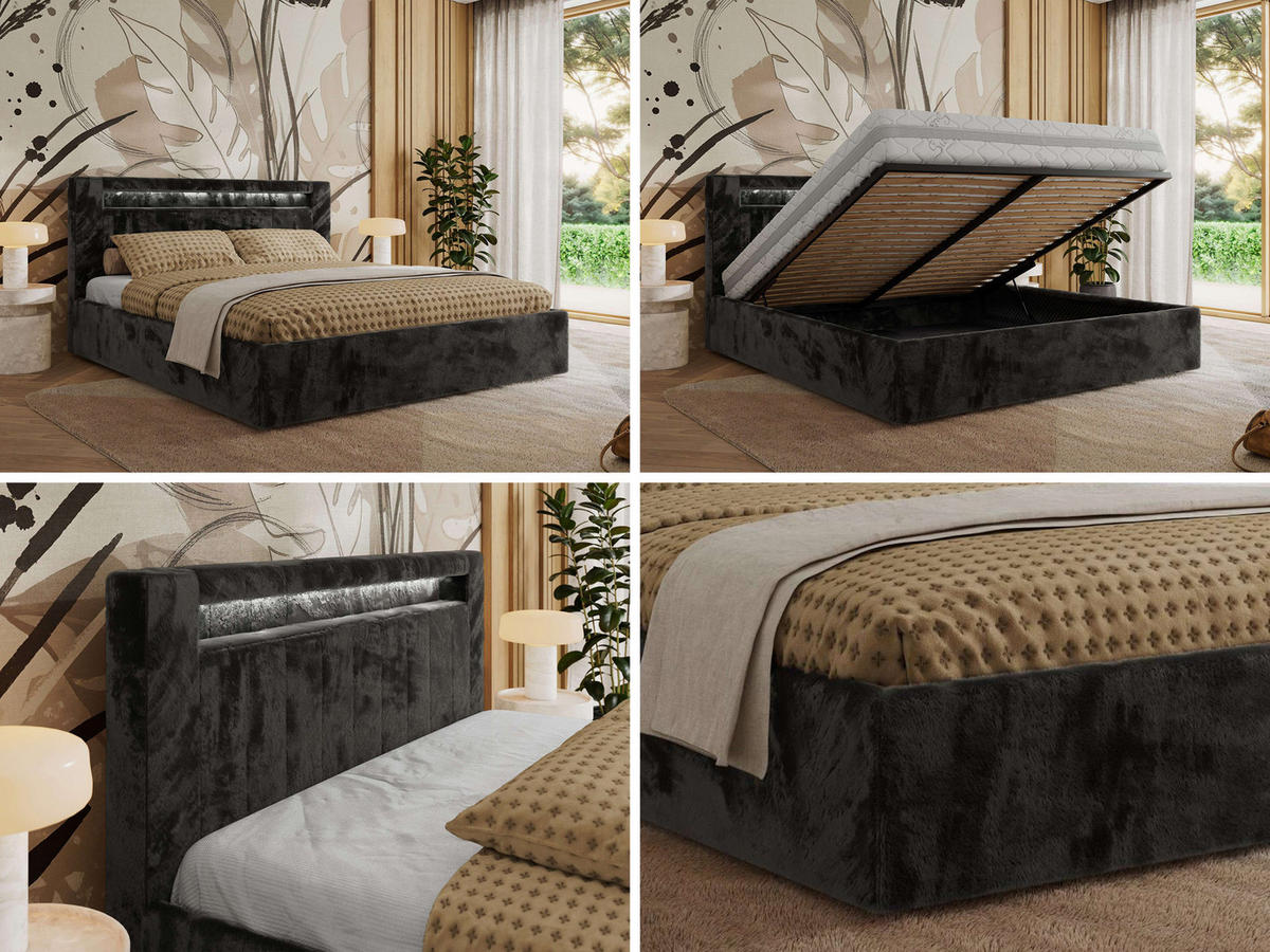 POLSTERBETT GOLD 5 CLASSIC 140/200 - Dunkelgrau Plüsch - Schaum-Matratze - Dunkelgrau, Textil (140/200cm) - MKS