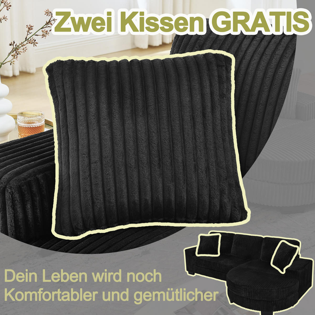 ECKSOFA 256.5/133.5/89 cm Schwarz Cord mit 2 Kissen und ovaler Fußhocker - Schwarz, Textil (133.5/89/256.5cm) - Oxeza