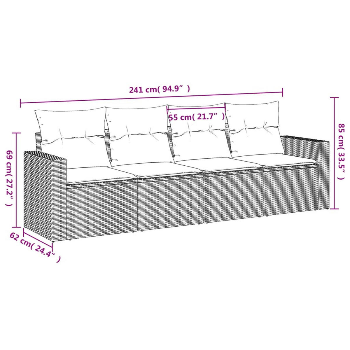 GARTEN-SOFAGARNITUR 4-TLG. Mit Kissen Hellgrau Poly Rattan - Dunkelgrau, Kunststoff (62/69/241cm) - vidaXL