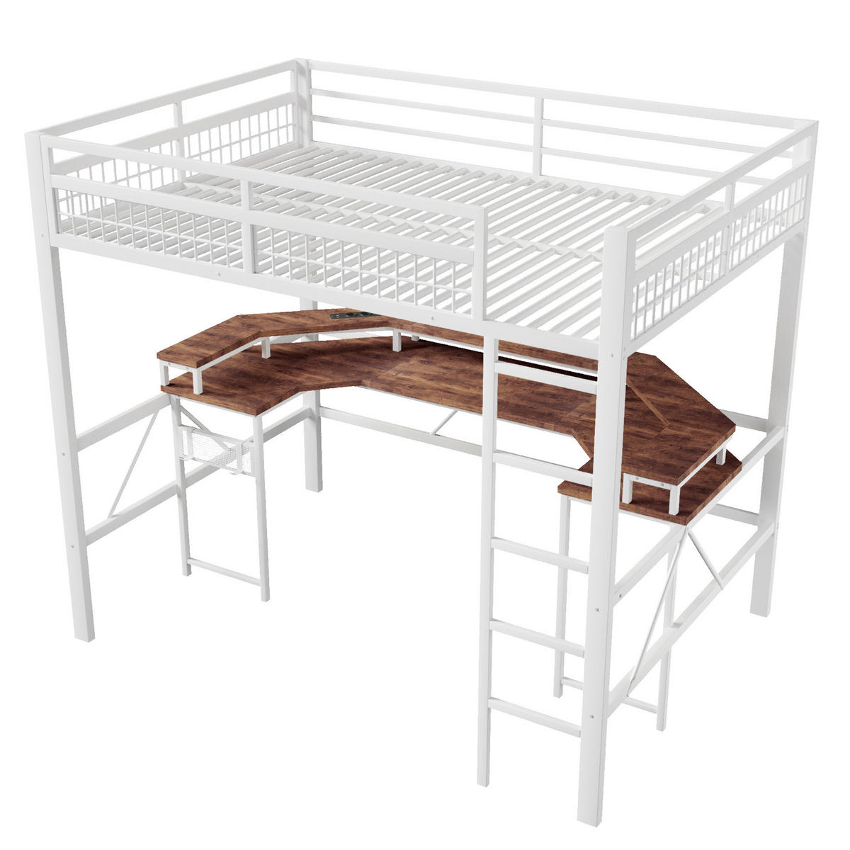 HOCHBETT aus Metall und MDF 140x200 cm Weiß mit Schreibtisch, LED-Lichtleiste, USB-C, Steckdosen und Lochwand - Weiß, Metall (140/200cm) - Modfu