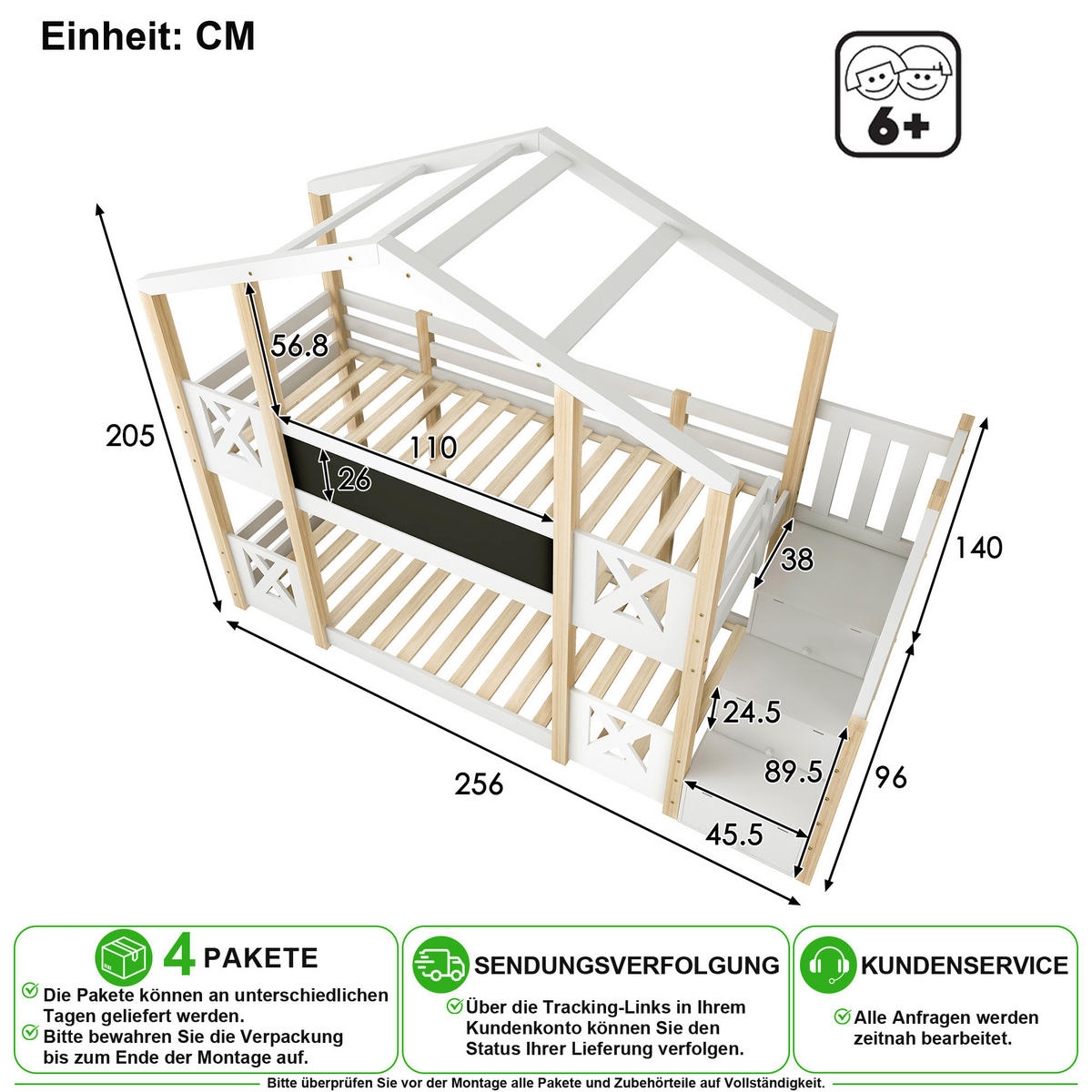 HOCHBETT 90/200 cm in Weiß & Natur mit Treppe, Stauraum und Tafel - Naturfarben/Weiß, Holz/Holzwerkstoff (90/200cm) - CHICFURN