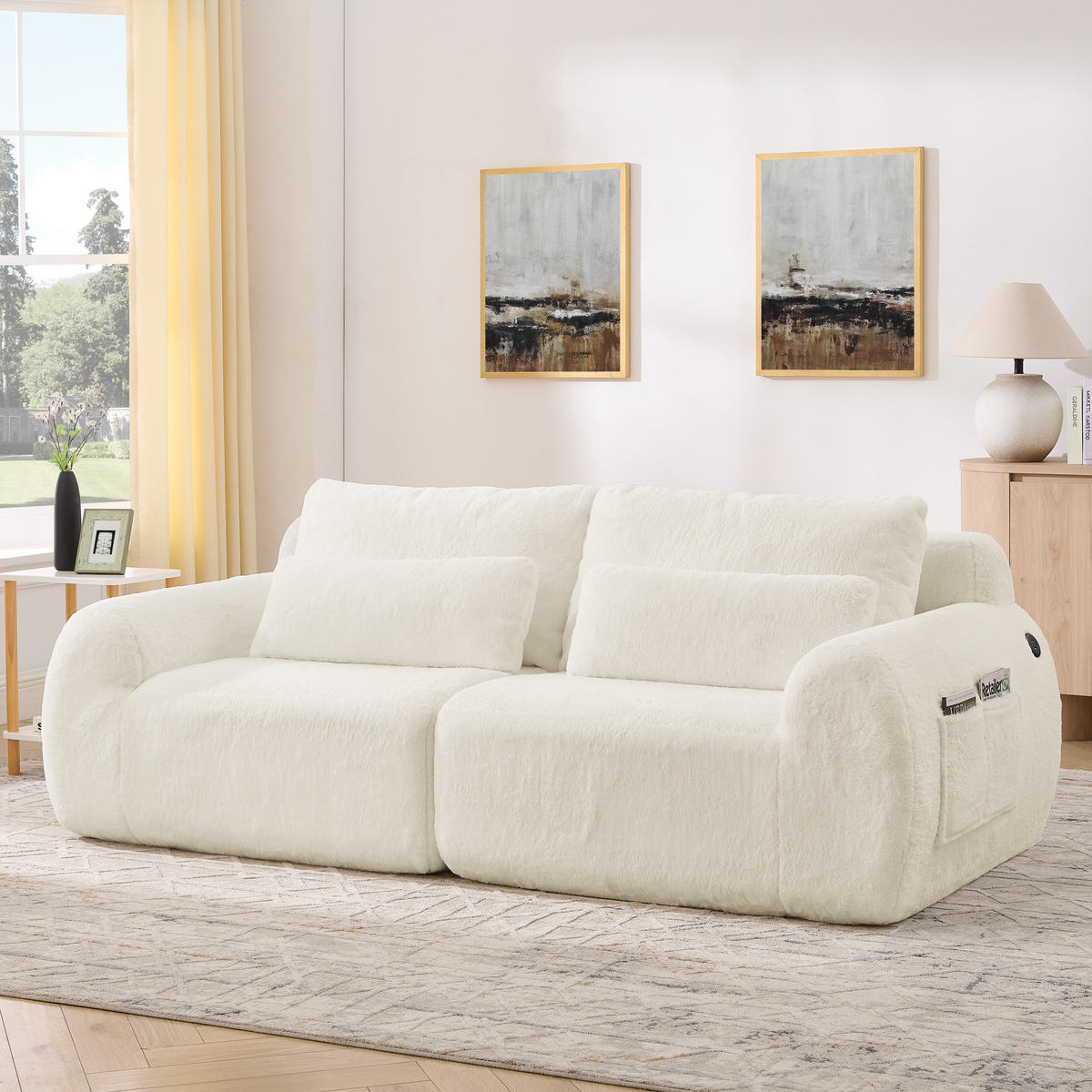 2-SITZER SOFA Kaninchenstil-Kunstfell Beige mit USB und Magazintasche - Beige, Textil (208/81/101cm) - WISHDOR