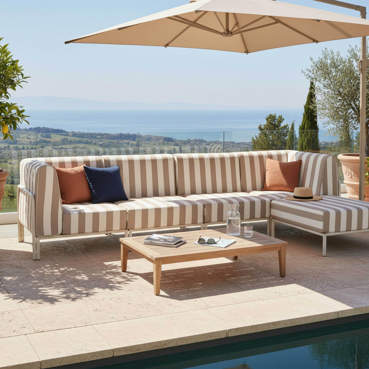 GARTENSOFA mit 5 Sitzplätzen, Beige - Beige, Metall - Oviala
