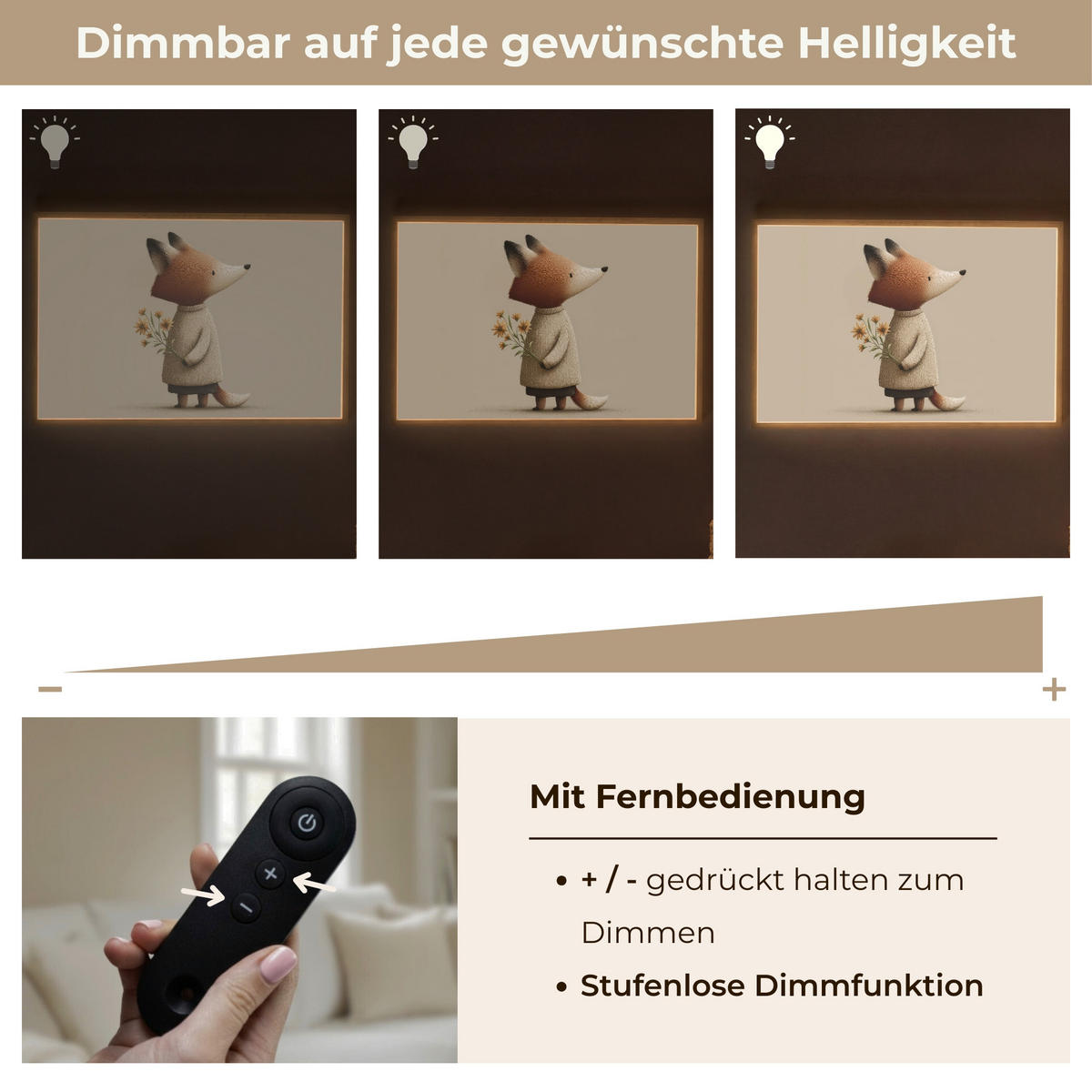 NÁSTĚNNÁ LAMPA S AKUMULÁTOREM Liška - Žluté květy - Minimalistický 90x60 cm - šedohnědá, kompozitní dřevo (90/60/8cm) - OnlyWow