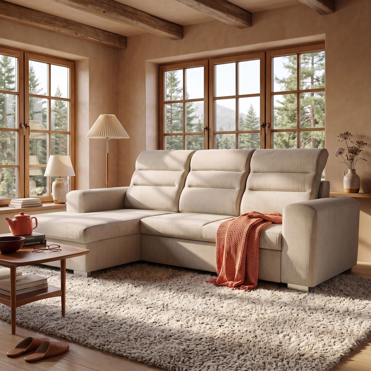 ECKSOFA CLOUD S Links mit Schlaffunktion 120x200 Velours Creme - Chromfarben/Creme, Holz/Kunststoff (155/260cm) - Muffo